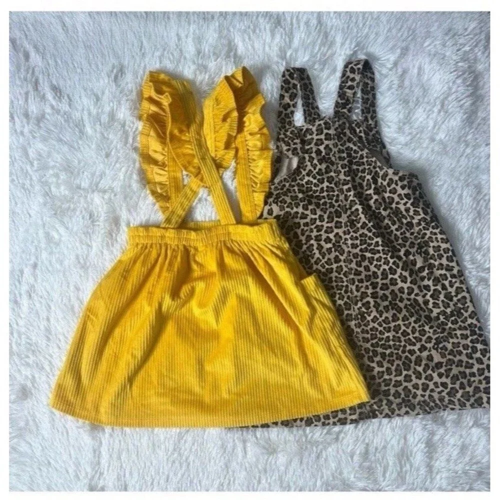 Lot 2 Wonder Nation Toddler Pinafore Dress Yellow Corduroy Leopard 4T 5T